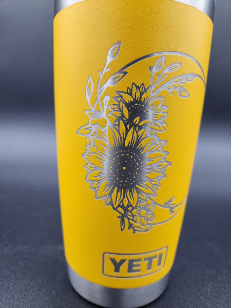 20oz 360 Sunflower Design Laser Engraved on a Yeti Tumbler With Magslide Lid.  Multiple Colors Available 